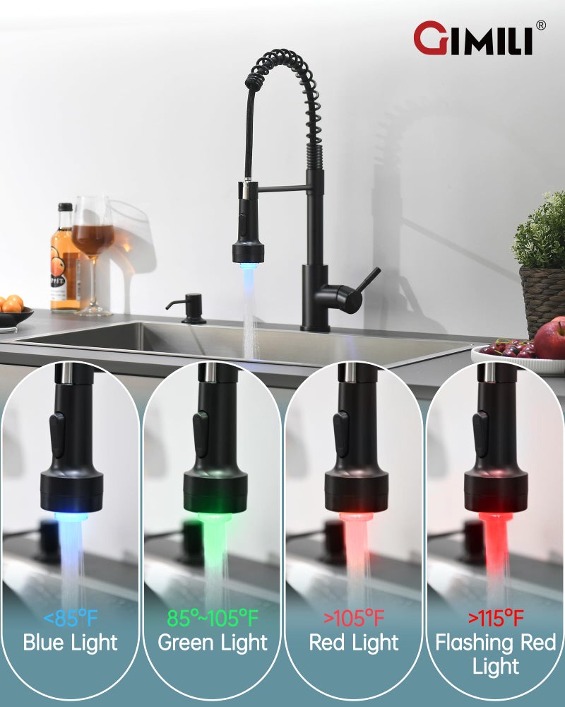 GIMILI Matte Black LED Kitchen Faucet with Soap Dispenser, Modern Single Handle Spring Kitchen Sink Faucets with Pull Down Sprayer - Image 3